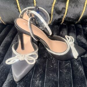 BCBGeneration Black Satin Heels with Silver Accents